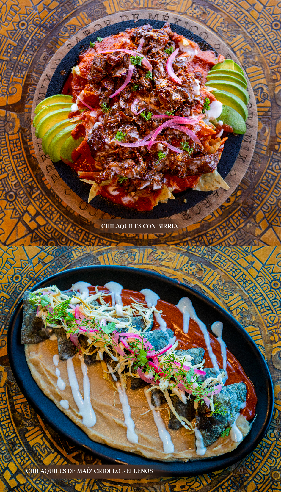 Chilaquiles con Birria y Chilaquiles de Maíz Criollo Rellenos