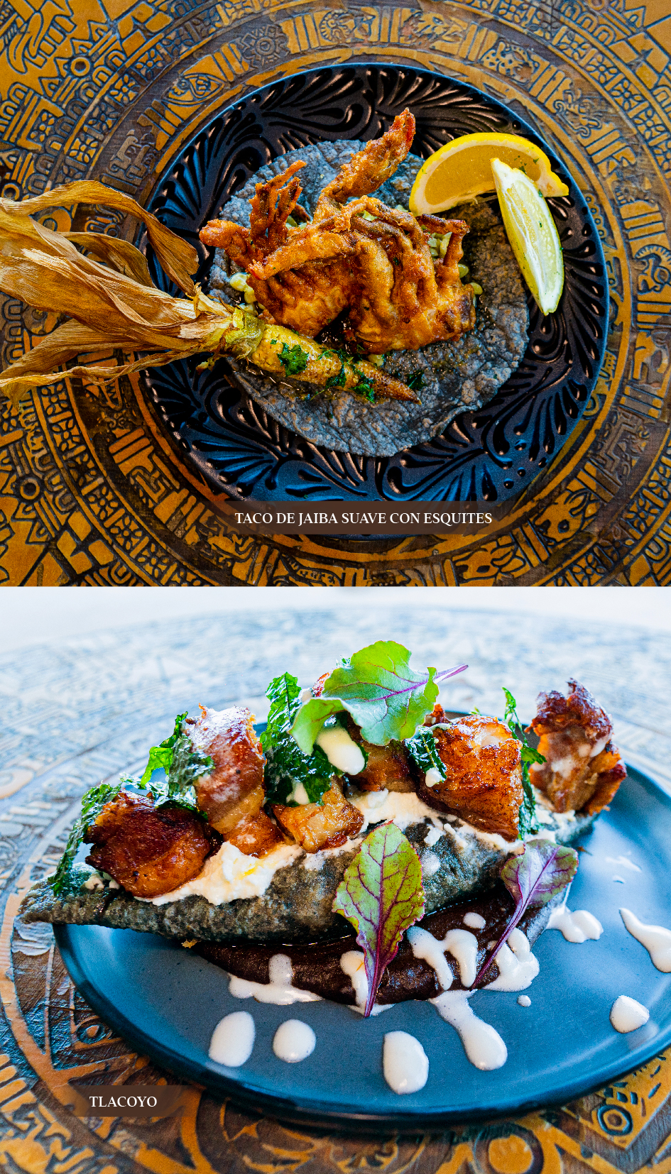 Taco de Jaiba Suave con Esquites y Tlacoyo